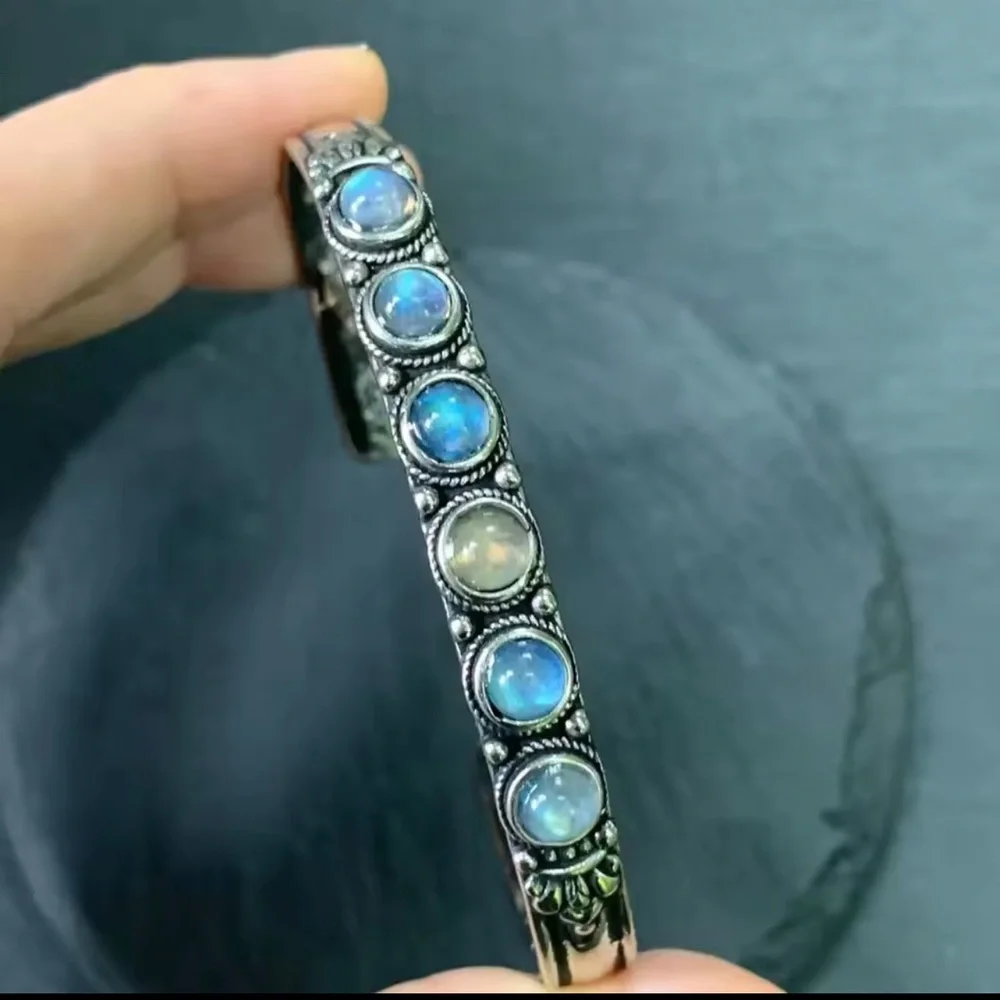 Sterling Silver Moonstone Cuff Bracelet in Iridescent Blue